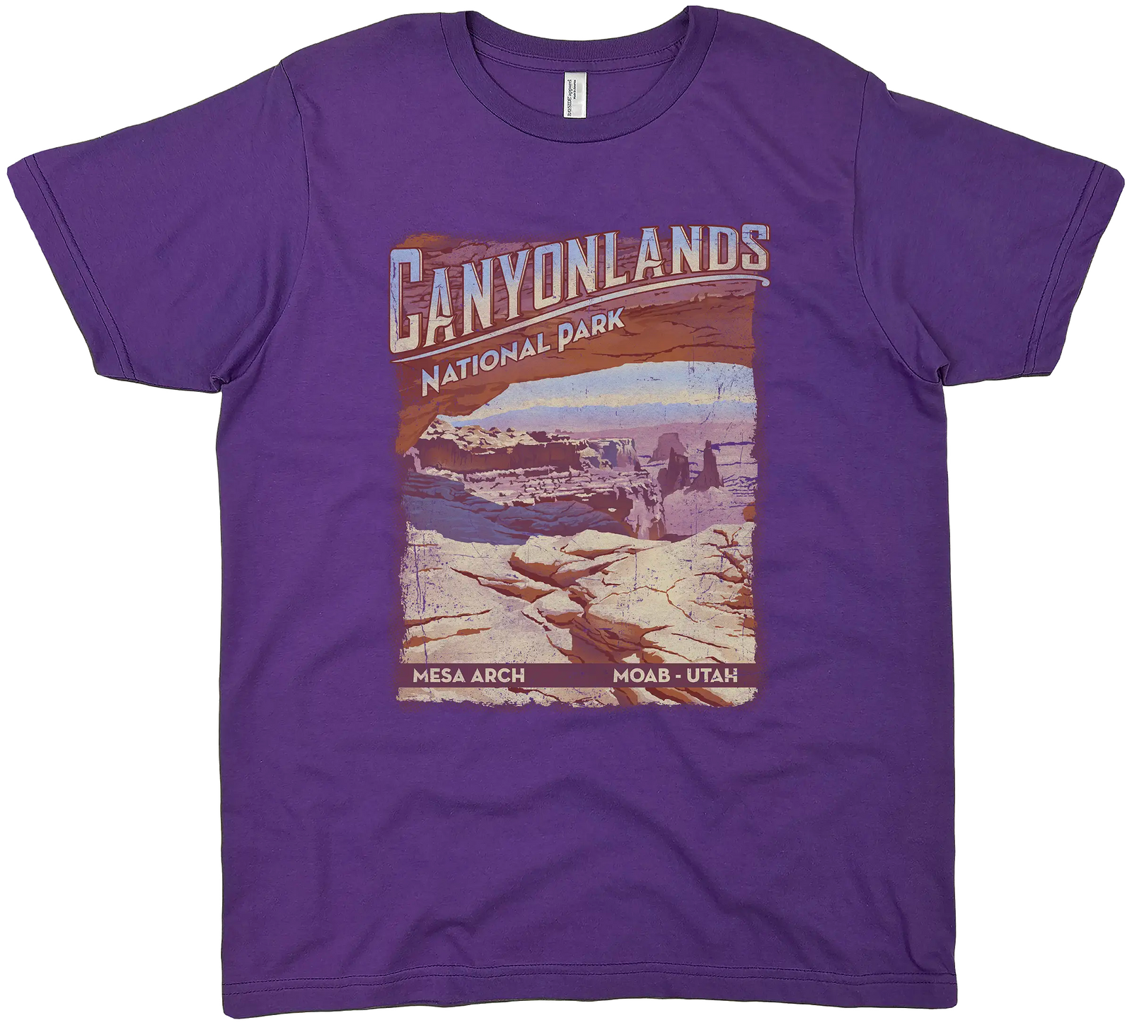 Purple t-shirt with Canyonlands National Park graphic on a white background