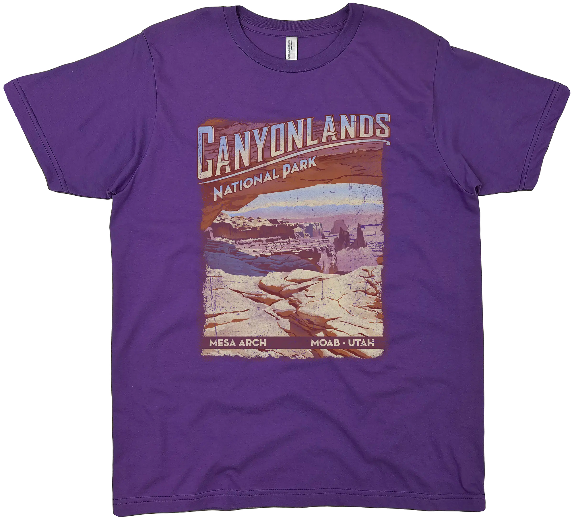 Purple t-shirt with Canyonlands National Park graphic on a white background