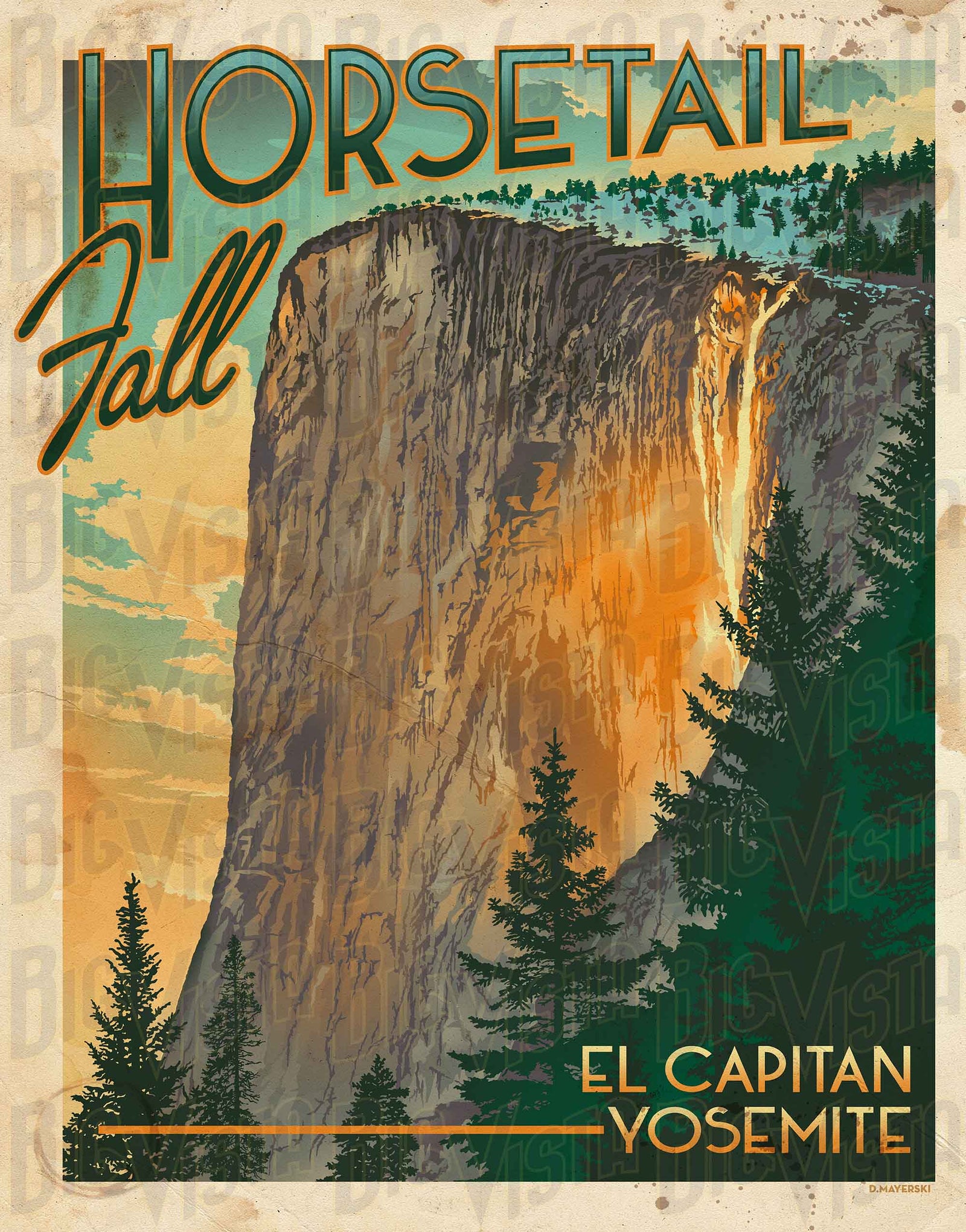 Vintage-inspired Horsetail Fall Firefall poster showing glowing waterfall on El Capitan in Yosemite National Park