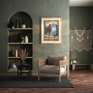 Framed Sierra Nevada Hiker poster hanging in a cozy modern living space